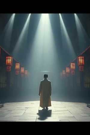 老巷棋局短剧封面，石板巷口的木棋盘